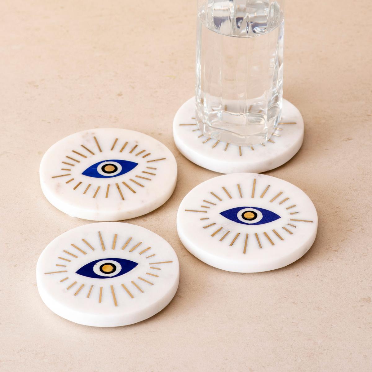 Evil Eye Coaster Set Amethyst ~5” Decal Resin Coasters, Modern Tableware, Cocktail popular Drink Coasters and Rustic Farmhouse Barware Decor